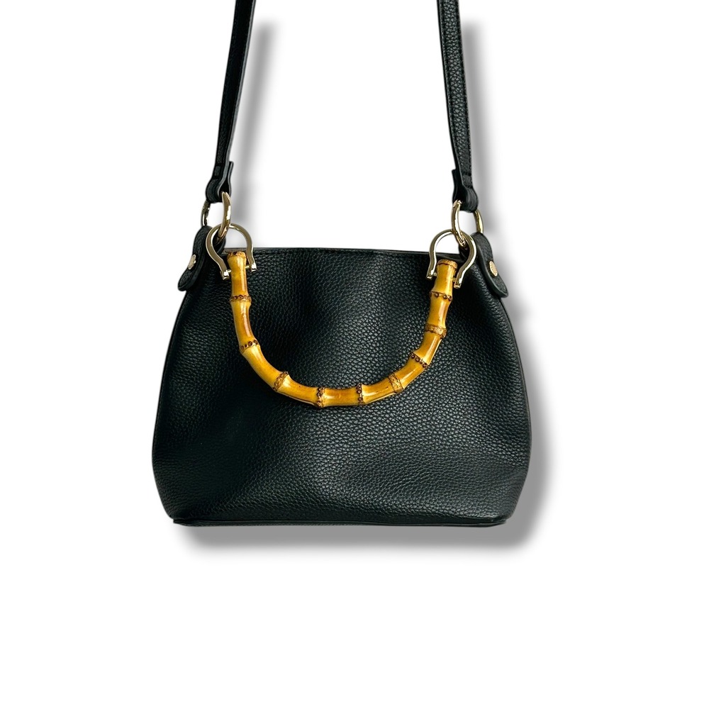 Unbillion Black Pebbled Faux Leather Bamboo Handle Crossbody Bag Gold Hardware
